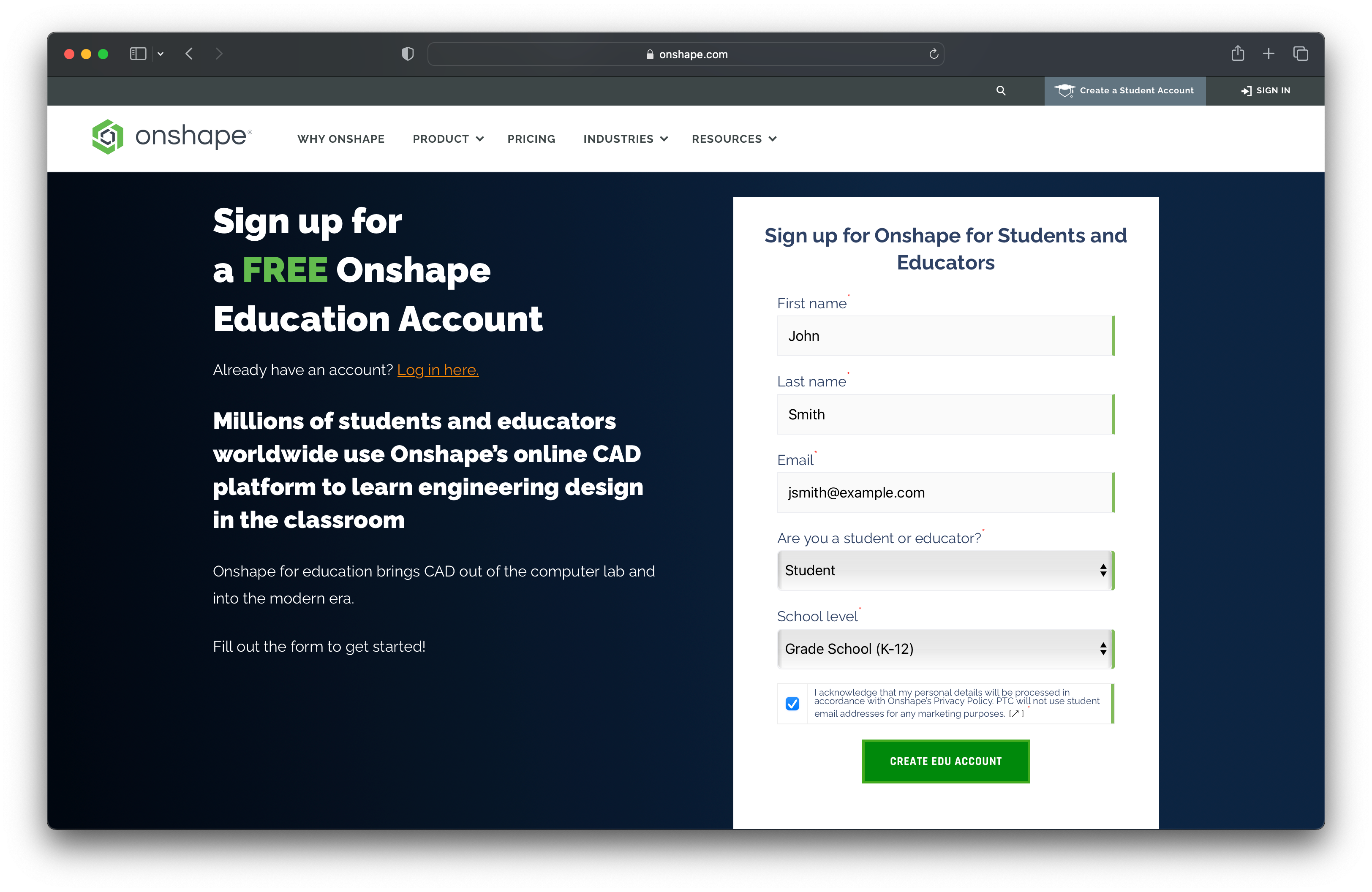 Screenshot of Onshape education account creation page