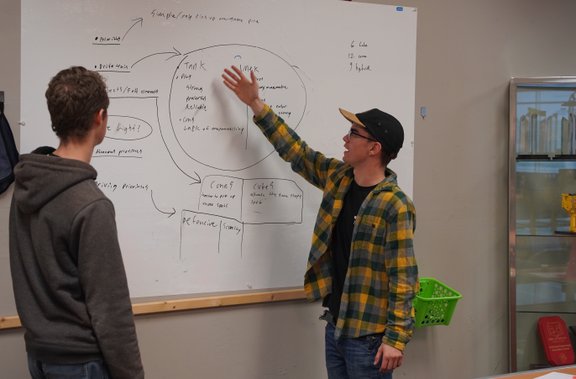 Two students referencing a whiteboard during a planning meeting